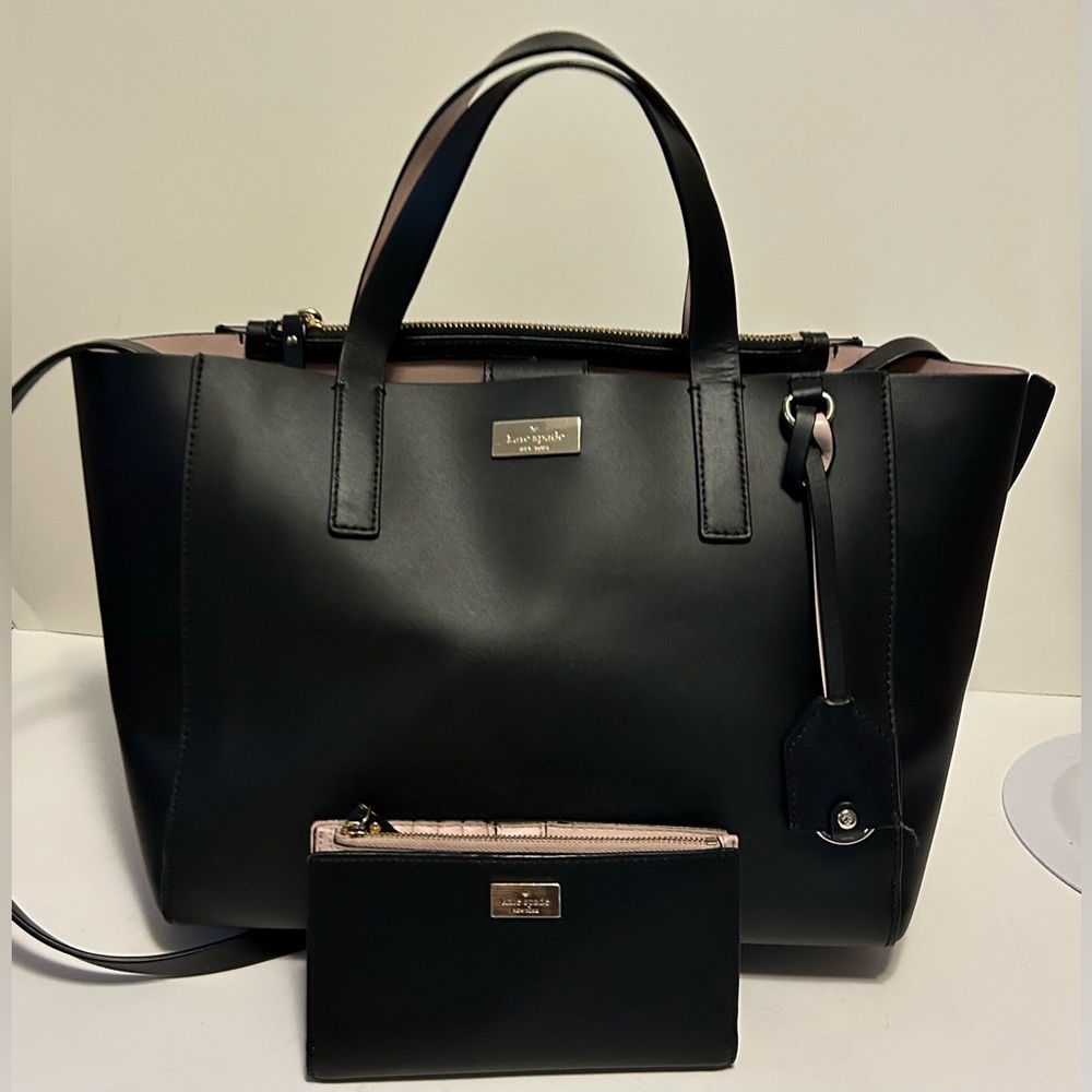 Kate Spade Black pink leather Tote shoulder bag and wallet set